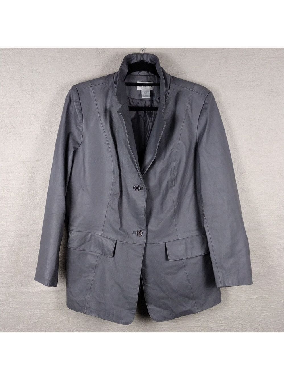 Chadwick's Grey Leather One Notched Collar Long Sleeve Button Front Blazer Coat - Picture 9 of 9